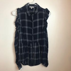 Blue flannel peplum cold shoulder ruffle button up